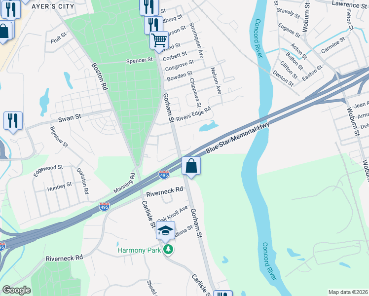 map of restaurants, bars, coffee shops, grocery stores, and more near 1500 Gorham Street in Lowell