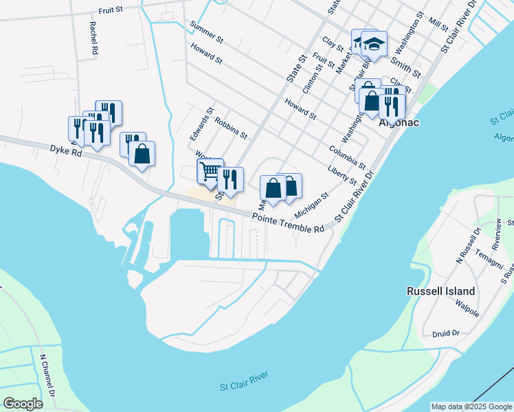 map of restaurants, bars, coffee shops, grocery stores, and more near 775 Worfolk Drive in Algonac