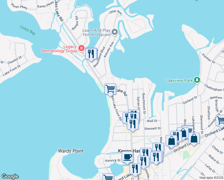 map of restaurants, bars, coffee shops, grocery stores, and more near 1671 Cass Lake Road in Keego Harbor