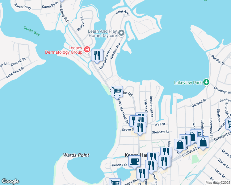 map of restaurants, bars, coffee shops, grocery stores, and more near 1671 Cass Lake Road in Keego Harbor