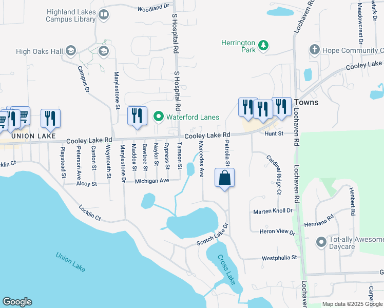 map of restaurants, bars, coffee shops, grocery stores, and more near 1535 Tamson Street in West Bloomfield Township