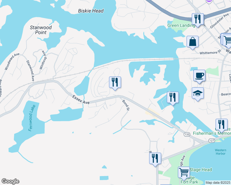 map of restaurants, bars, coffee shops, grocery stores, and more near 141 Essex Avenue in Gloucester