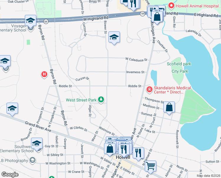 map of restaurants, bars, coffee shops, grocery stores, and more near 344 Riddle Street in Howell