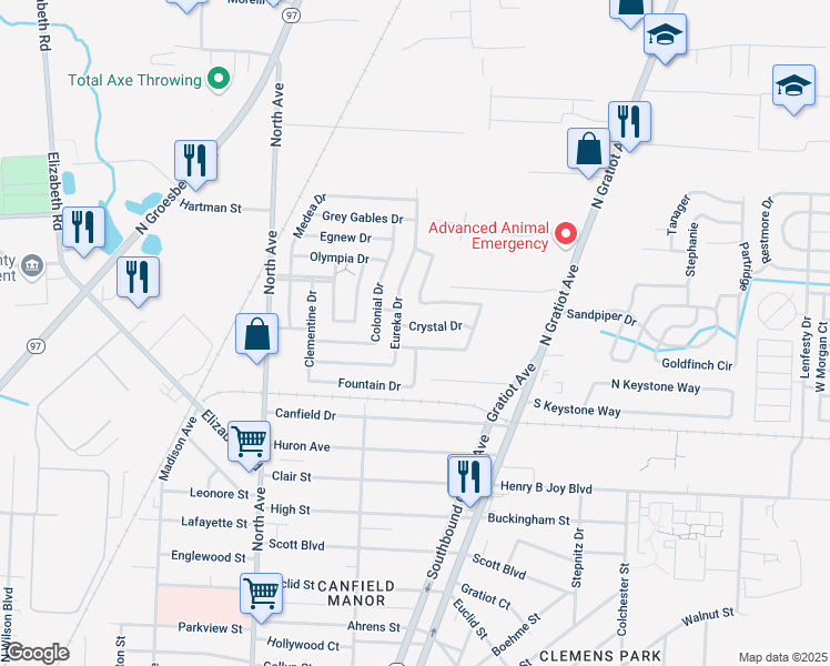 map of restaurants, bars, coffee shops, grocery stores, and more near 23288 Crystal Drive in Charter Township of Clinton