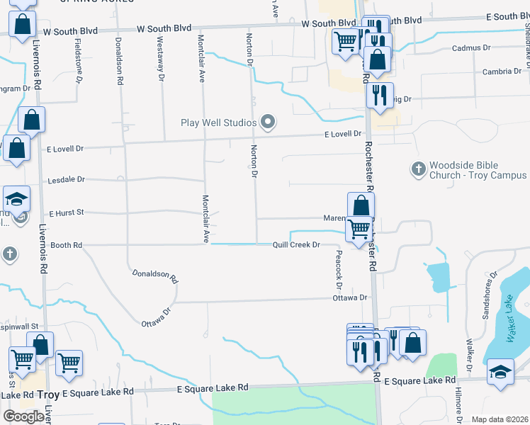 map of restaurants, bars, coffee shops, grocery stores, and more near 711 Marengo Drive in Troy