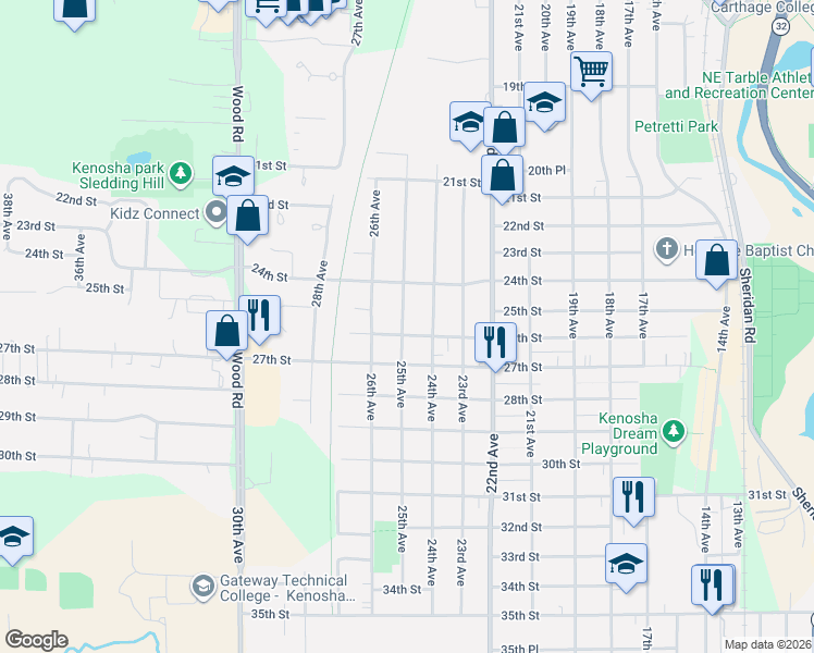 map of restaurants, bars, coffee shops, grocery stores, and more near 2426 24th Avenue in Kenosha