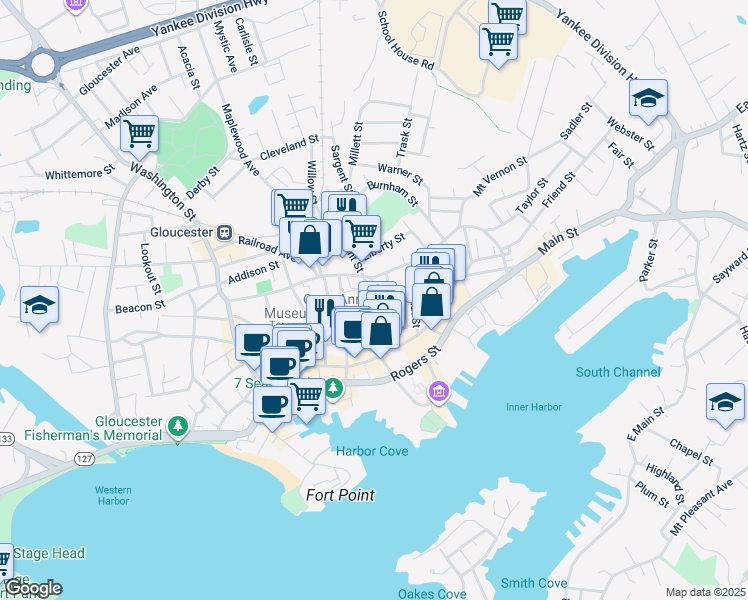 map of restaurants, bars, coffee shops, grocery stores, and more near 47 Pleasant Street in Gloucester