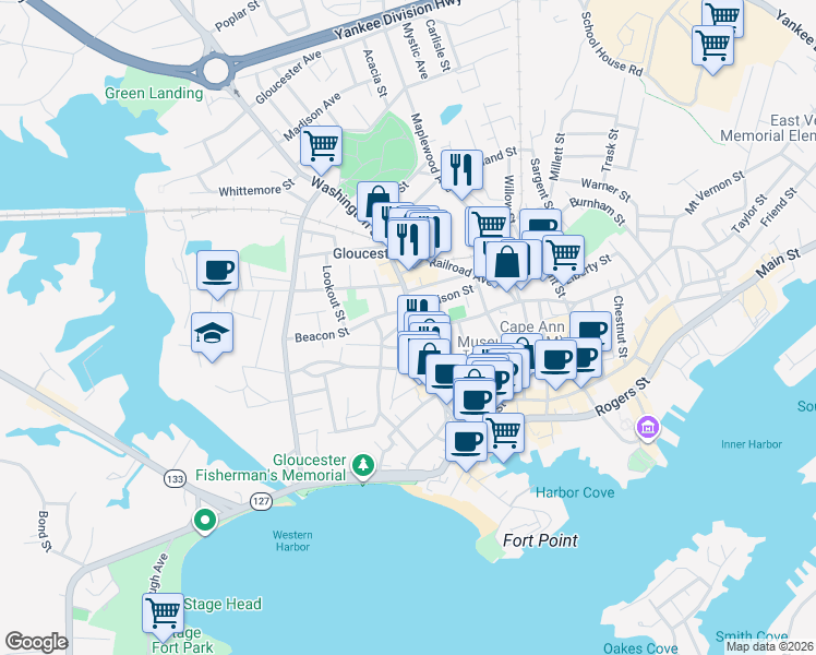 map of restaurants, bars, coffee shops, grocery stores, and more near 7 Addison Street in Gloucester