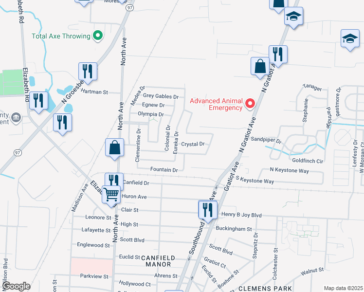 map of restaurants, bars, coffee shops, grocery stores, and more near 23414 Stone Castle Drive in Clinton Township