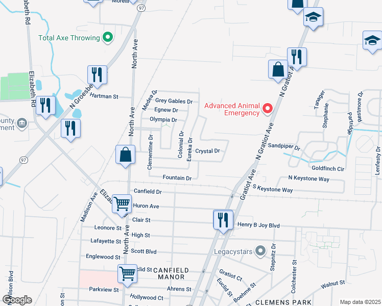 map of restaurants, bars, coffee shops, grocery stores, and more near 43546 Colonial Drive in Clinton Township