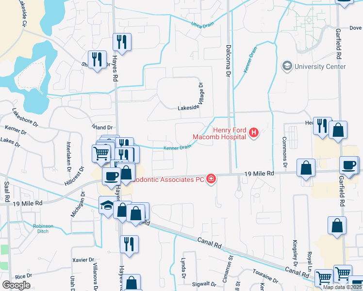 map of restaurants, bars, coffee shops, grocery stores, and more near 43281 Carlyle Place in Clinton Township