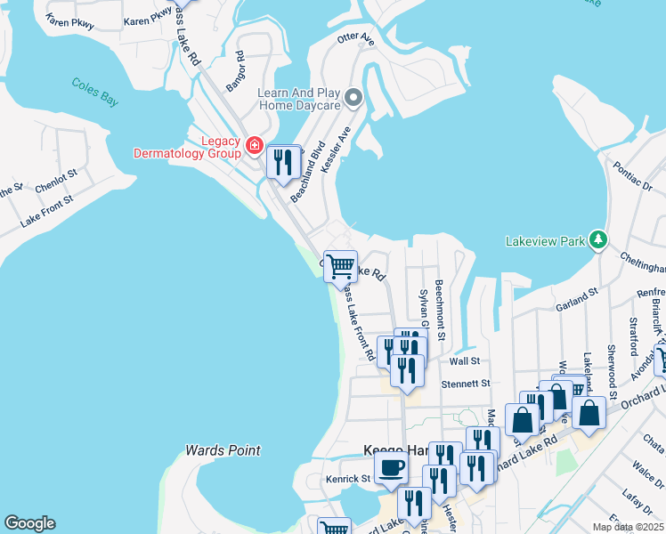map of restaurants, bars, coffee shops, grocery stores, and more near 1671 Cass Lake Road in Keego Harbor