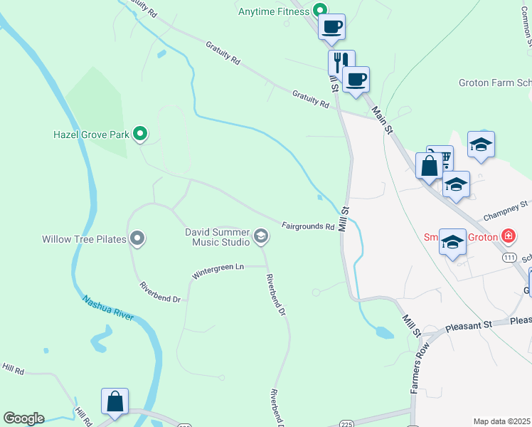 map of restaurants, bars, coffee shops, grocery stores, and more near 2 Fairgrounds Road in Groton