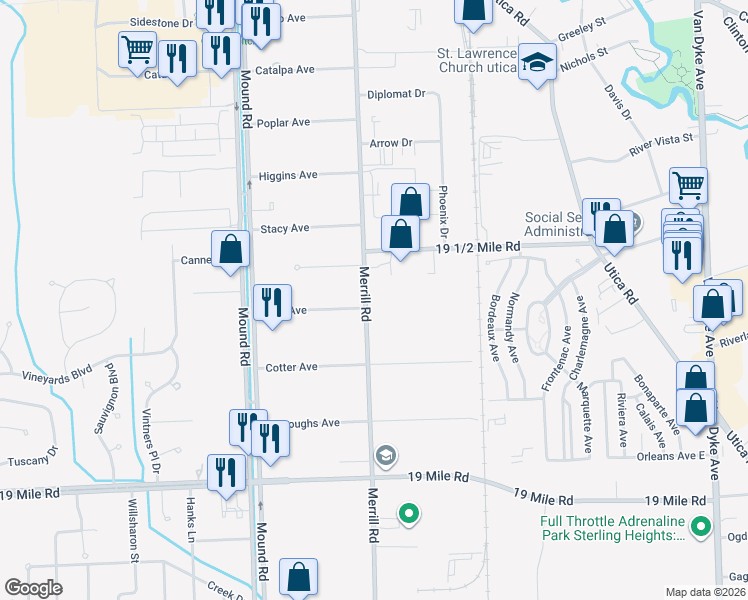 map of restaurants, bars, coffee shops, grocery stores, and more near 43726 Merrill Road in Sterling Heights
