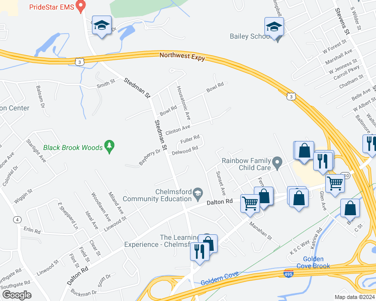 map of restaurants, bars, coffee shops, grocery stores, and more near 10 Delwood Road in Chelmsford
