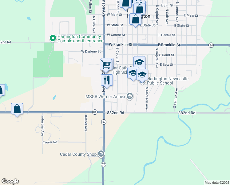 map of restaurants, bars, coffee shops, grocery stores, and more near 460 South Cedar Street in Hartington