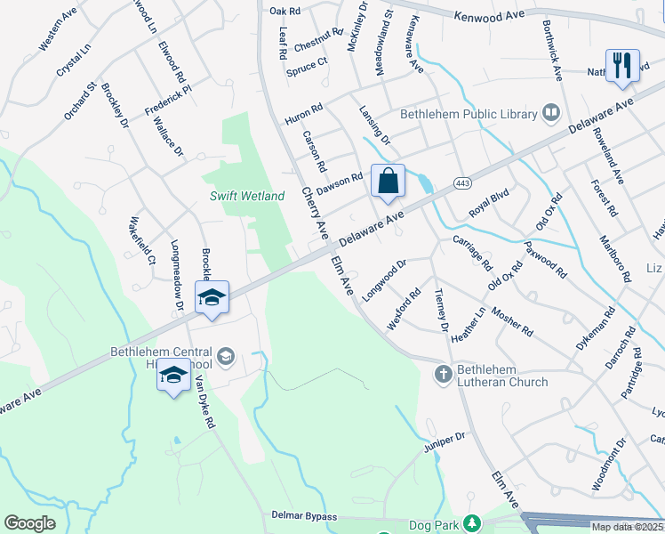 map of restaurants, bars, coffee shops, grocery stores, and more near 5 Elm Avenue in Delmar