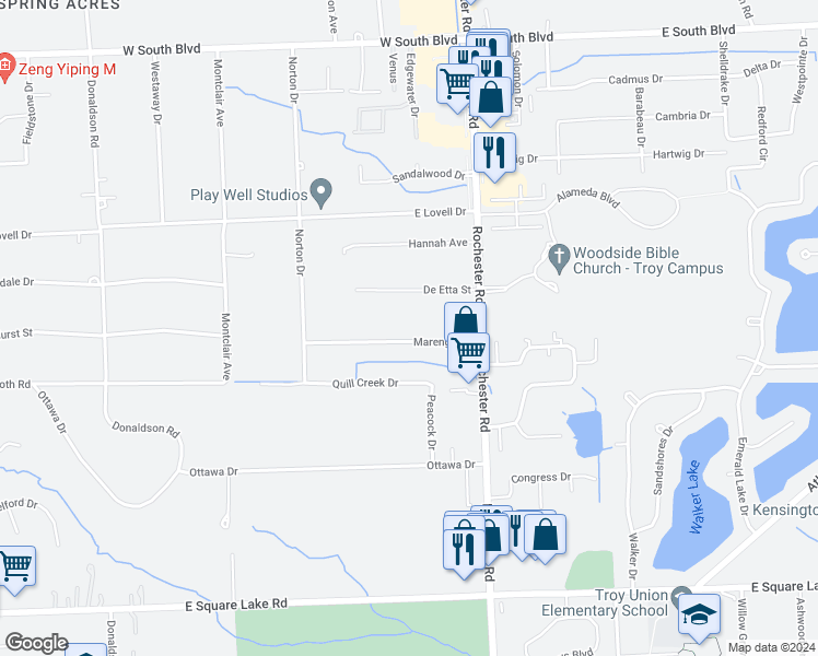 map of restaurants, bars, coffee shops, grocery stores, and more near 835 Marengo Drive in Troy