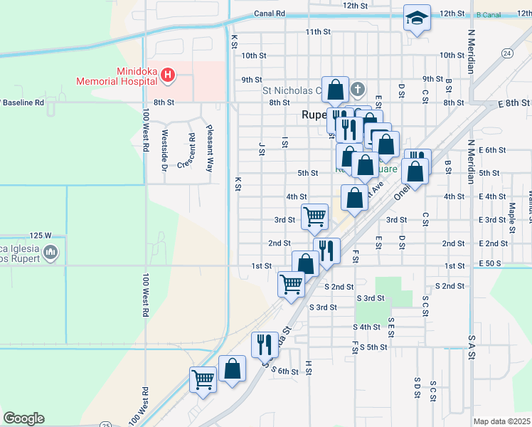 map of restaurants, bars, coffee shops, grocery stores, and more near 925 4th Street in Rupert