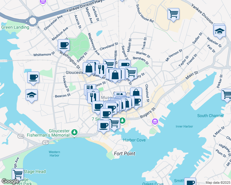 map of restaurants, bars, coffee shops, grocery stores, and more near 43 Prospect Street in Gloucester
