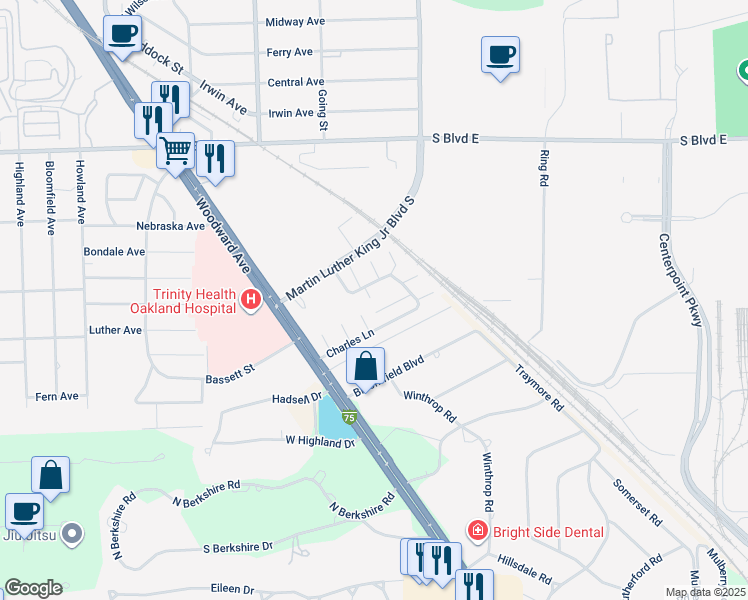 map of restaurants, bars, coffee shops, grocery stores, and more near 160 Charles Lane in Pontiac