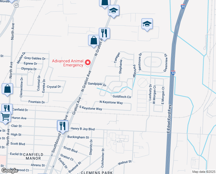 map of restaurants, bars, coffee shops, grocery stores, and more near 43558 Peregrine Drive in Clinton Township