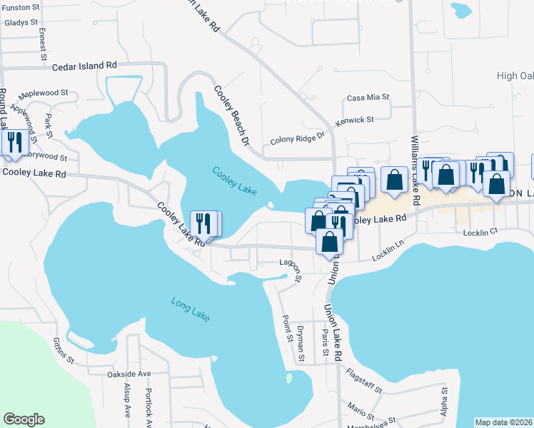 map of restaurants, bars, coffee shops, grocery stores, and more near 8476 Cascade Street in Commerce Charter Township