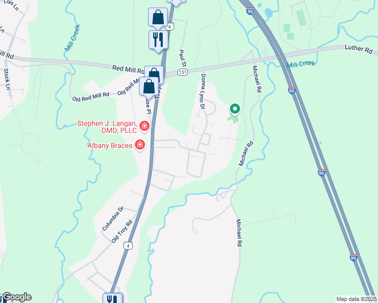 map of restaurants, bars, coffee shops, grocery stores, and more near 36 Commons Drive in East Greenbush