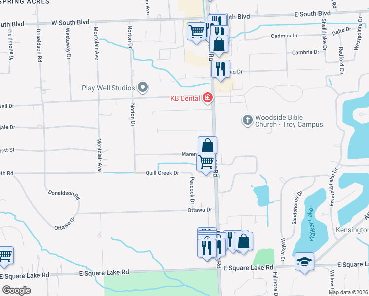 map of restaurants, bars, coffee shops, grocery stores, and more near 835 Marengo Drive in Troy