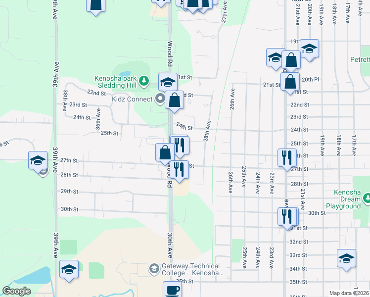 map of restaurants, bars, coffee shops, grocery stores, and more near 2510 29th Avenue in Kenosha