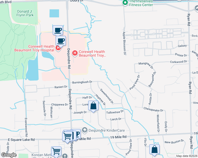 map of restaurants, bars, coffee shops, grocery stores, and more near 2621 Burningbush Drive in Sterling Heights
