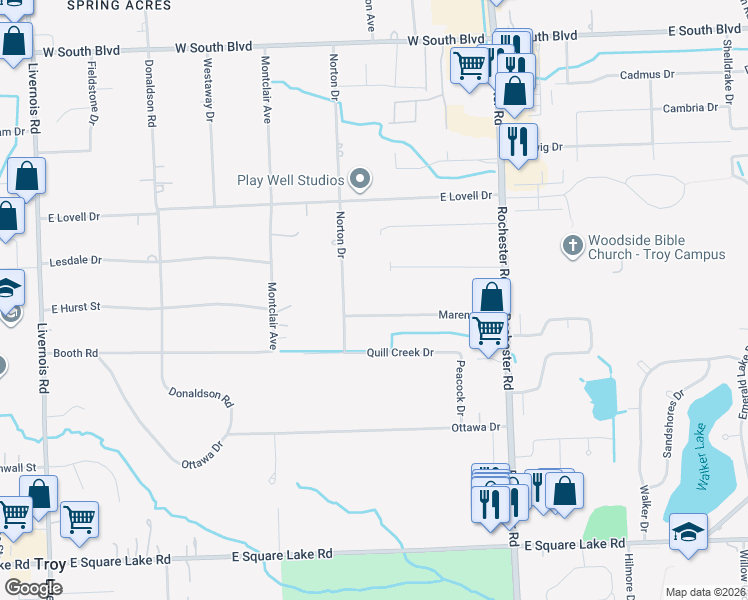map of restaurants, bars, coffee shops, grocery stores, and more near 711 Marengo Drive in Troy