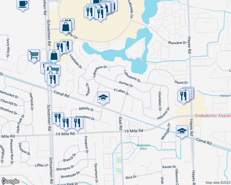 map of restaurants, bars, coffee shops, grocery stores, and more near 14334 4 Lakes Drive in Sterling Heights