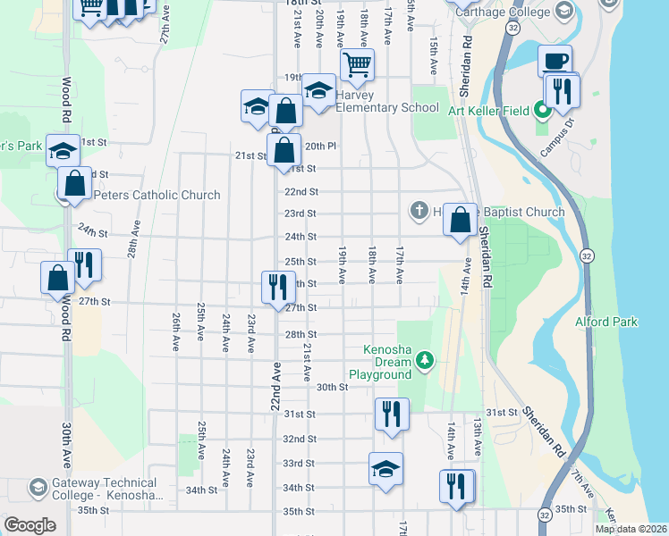map of restaurants, bars, coffee shops, grocery stores, and more near 1907 25th Street in Kenosha