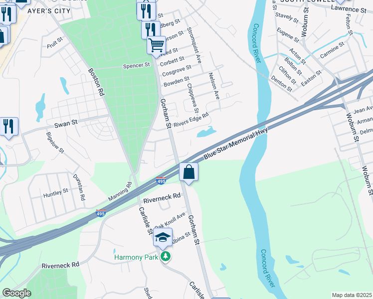 map of restaurants, bars, coffee shops, grocery stores, and more near 1500 Gorham Street in Lowell