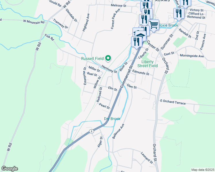 map of restaurants, bars, coffee shops, grocery stores, and more near 25 Elm Street in Adams