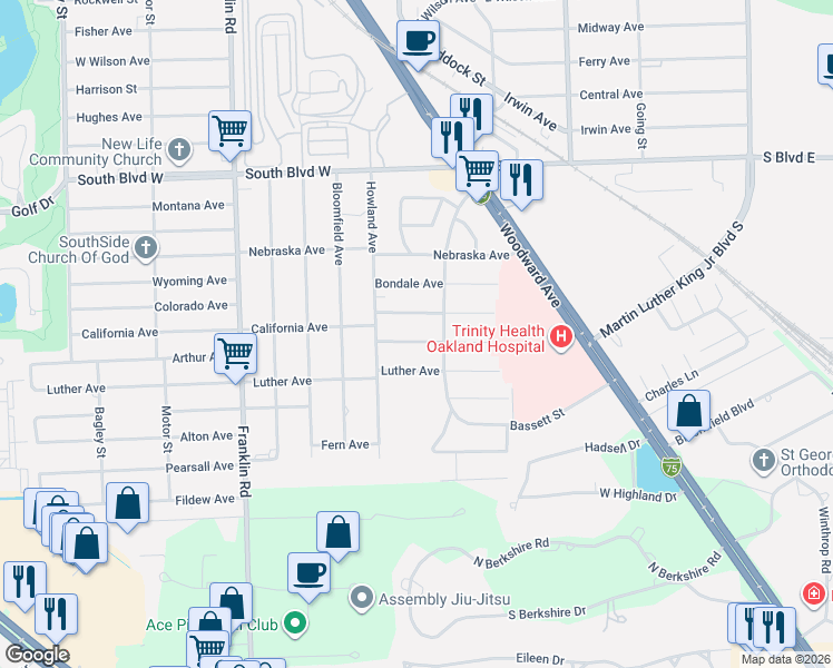 map of restaurants, bars, coffee shops, grocery stores, and more near 269 Cedardale Avenue in Pontiac