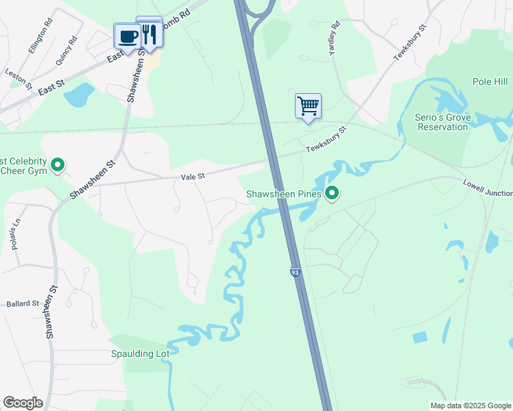 map of restaurants, bars, coffee shops, grocery stores, and more near 14 Ellis Avenue in Tewksbury