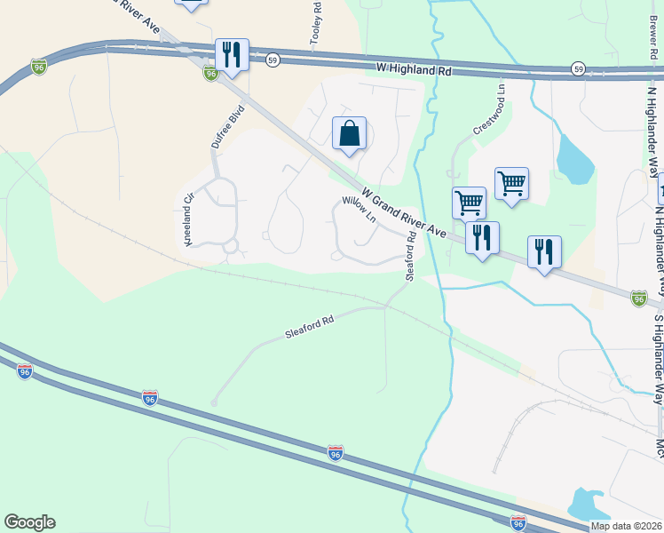 map of restaurants, bars, coffee shops, grocery stores, and more near 1041 Willow Lane in Howell