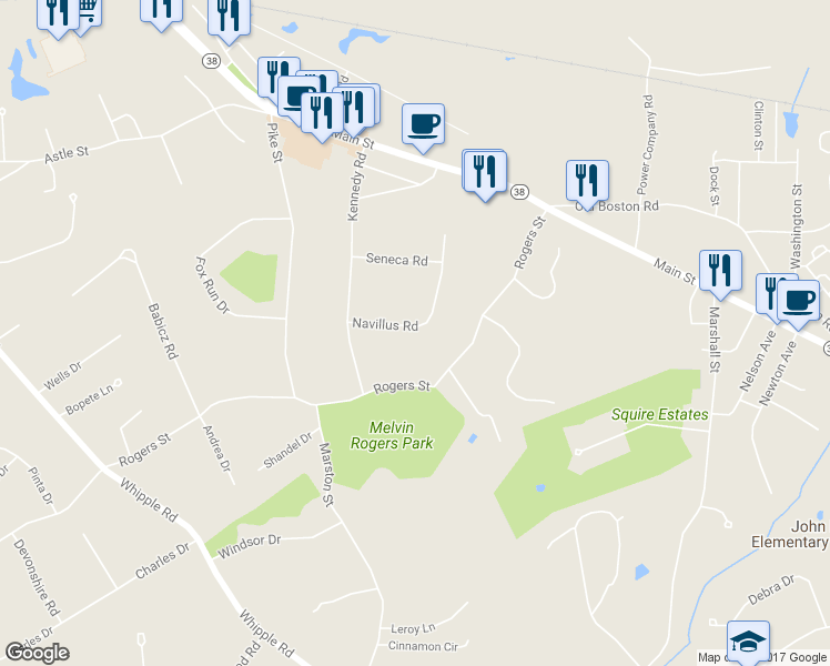 map of restaurants, bars, coffee shops, grocery stores, and more near 120 Navillus Road in Tewksbury