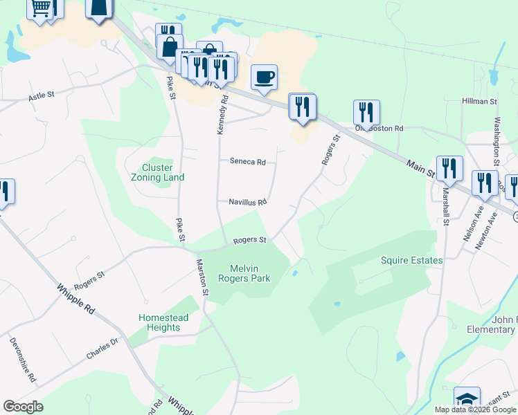 map of restaurants, bars, coffee shops, grocery stores, and more near 120 Navillus Road in Tewksbury