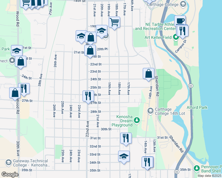 map of restaurants, bars, coffee shops, grocery stores, and more near 1831 25th Street in Kenosha
