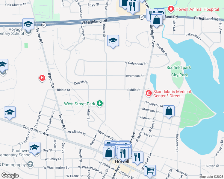 map of restaurants, bars, coffee shops, grocery stores, and more near 344 Riddle Street in Howell
