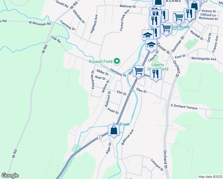 map of restaurants, bars, coffee shops, grocery stores, and more near 25 Elm Street in Adams