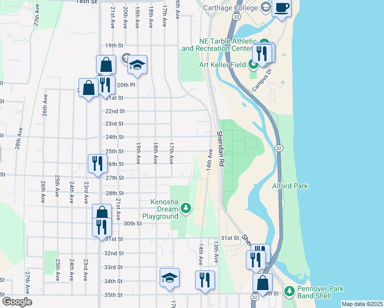 map of restaurants, bars, coffee shops, grocery stores, and more near 1503 25th Street in Kenosha