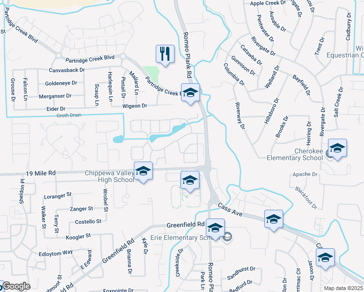 map of restaurants, bars, coffee shops, grocery stores, and more near 18503 Campo Drive in Clinton Township