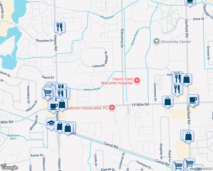 map of restaurants, bars, coffee shops, grocery stores, and more near 43281 Carlyle Place in Clinton Township