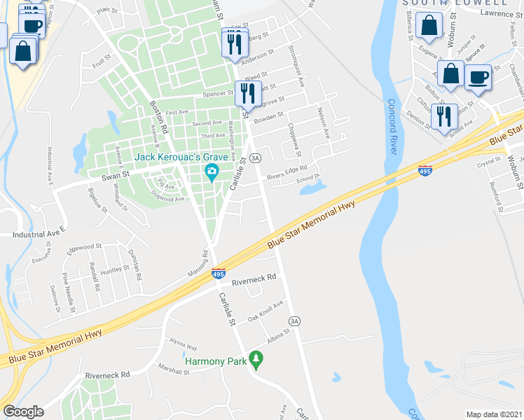 map of restaurants, bars, coffee shops, grocery stores, and more near 1501 Gorham Street in Lowell