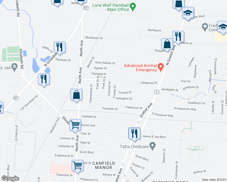 map of restaurants, bars, coffee shops, grocery stores, and more near 43609 Eureka Drive in Clinton Township