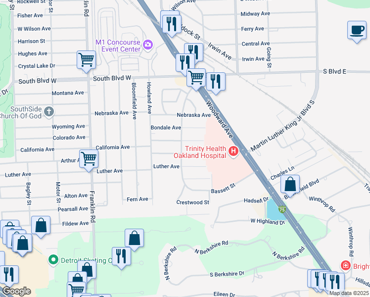 map of restaurants, bars, coffee shops, grocery stores, and more near 155 Earlmoor Boulevard in Pontiac